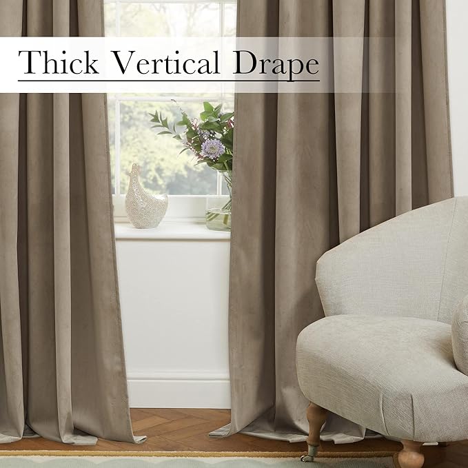 StangH Camel Beige Curtains Velvet, 2 Panels Set, Thermal Insulated Room Darkening Drapes for Bedroom Living Room Home Theater, 52 x 63 Inches