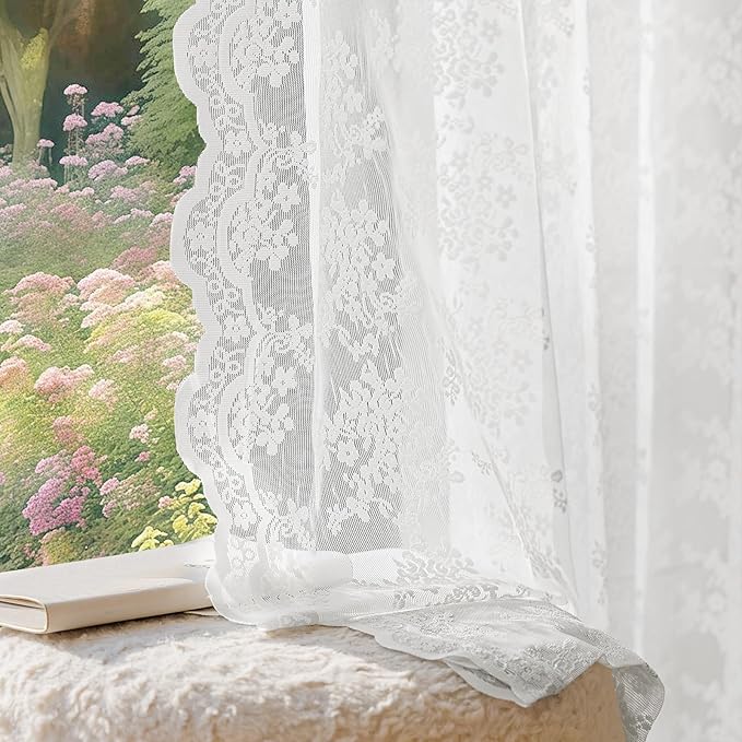 Anmao Vintage Lace Curtains 96 Inches Long 2 Panels Set, Romantic Elegant Light Filtering Semi Sheer Floral Thick Lacy Curtain Drapes for Living Room and Bedroom, Each Panel 55W x 96L, Bright White