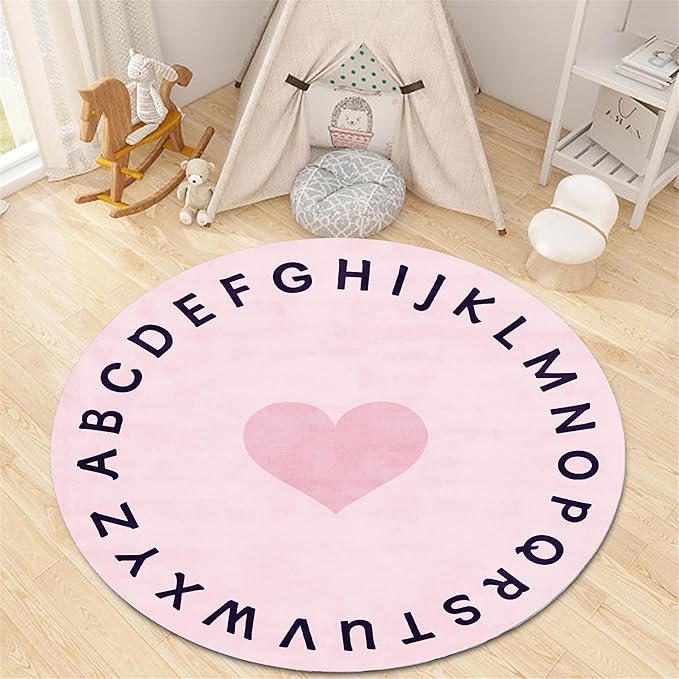 Super Soft Pink Round Rug,3ft,Children's ABC Letter Educational Learning Rug, Non-Slip Washable Nursery Rug, Children's Crawling Play Mat, Suitable for Boys And Girls Bedroom Playroom Decoration