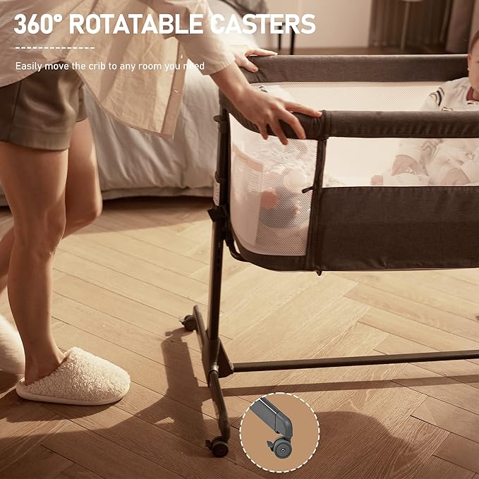 AMKE Baby Bassinet Bedside Sleeper, Portable Bassinet with Wheels, 6-Height Adjustable & Fold Down Side, Full Breathable Mesh Bedside Crib for Baby with Mattress Pad, Easy to Install, Dark Grey