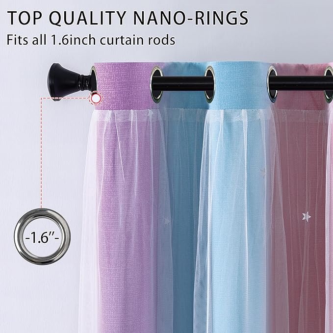XiDi Blackout Curtains 90 Inches Long for Girls Bedroom, Room Darkening Grommet Window Ombre Curtains 2 Panel Sets, Kids Unicorn Princess Theme Decor Colorful Rainbow Design Pink/Purple/Blue 34x90