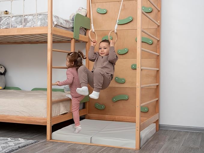 BUSY WOOD Montessori Floor Bed with Rails - Kids Twin Bunk Bed with Storage - Gym Complex for Kids - Jungle Gym Bedframe (BunkBed+Table+2 Drawers (Half-Depth))