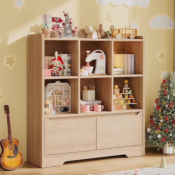 Kids Bookshelf and Toy Organizer, 2 Tier Kids Book Shelf for Kid Rooms with 2 Doors, 6 Cubes Storage Organizer,Wood Children Bookcase,Freestanding Toddler Book Display Shelf for Playroom