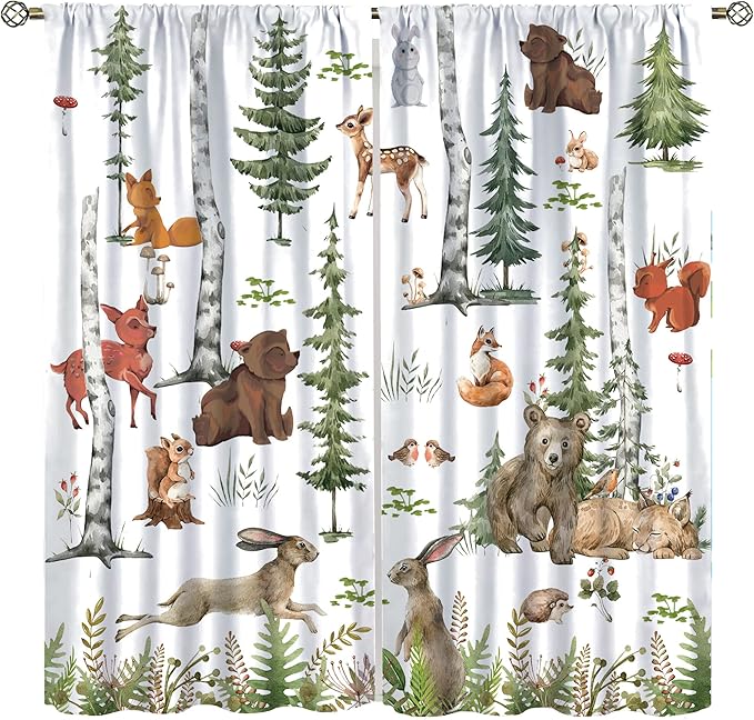 Animal Kids Curtains, Woodland Squirrel Rabbit Bear Animal Friends Forest Curtains for Boys and Girls Bedroom Living Room Kitchen 72x63in