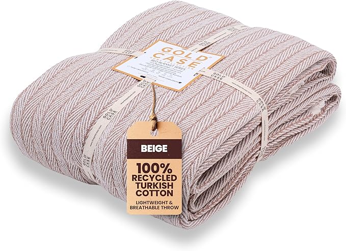 Gold Case Throw Blanket for Bed - 100% Recycled Turkish Cotton Blanket - Vintage Lightweight Soft Throw Blankets for Bed & Living Room - Twin Size Cozy Blankets - 71x90 - Beige