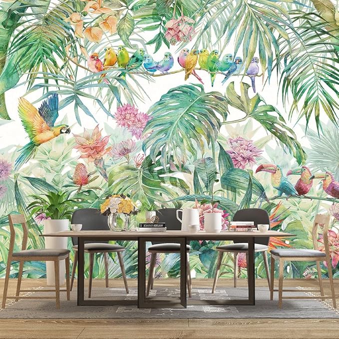 Tropical Green Botanical Flower Birds Leaf Wallpaper Bedroom Plant Floral Mural Room Decor Living Room tv Background Large Wall Mural - 160"x108" (Not Peel and Stick)