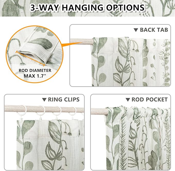 MEETSKY Sage Green Curtains 84 Inches Long 2 Panels Boho Curtains for Living Room Light Filtering Patterned Drapes for Bedroom Linen Style Back Tab Leaf Print Window Treatment, 50” Wide Each Panel