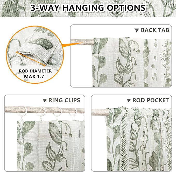 MEETSKY Sage Green Curtains 90 Inches Long 2 Panels Boho Curtains for Living Room Light Filtering Patterned Drapes for Bedroom Linen Style Back Tab Leaf Print Window Treatment, 50” Wide Each Panel