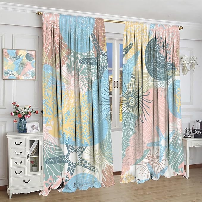 Nautical Blackout Curtain Beach Theme Starfish Seashell Nautical Rustic Ocean Sea Vintage Retro Coastal Summer Bedroom Set 2 Panels,84x84 Inches