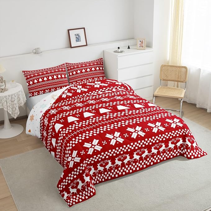 Feelyou Red Christmas Bedding Set for Kids Boys Girls Toddler Size Xmas Deer Decor Comforter Set Ultra Soft Xmas Snowflake Comforter Winter Duvet Quilt Bedroom Decor Christmas Decor Quilt
