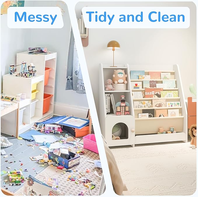 FKWin Kids Bookshelf, Kids Toy Storage Organizer, Baby Storage Book Rack, 4 Tier Kids Wooden Bookshelves, 5 Layer Sling Bookcase for Playroom, Bedroom, Living Room, Kids Room, Nursery, School(White)