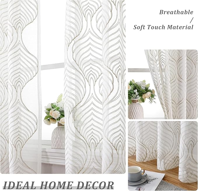 VISIONTEX Sheer Curtains 84 Inches Long 2 Panels Set Taupe Moroccan Embroidery Texture Geometric Rod Pocket Ivory White Voile Tulle Semi Window Treatment Pair for Bedroom Living Room 54 x 84 Inches