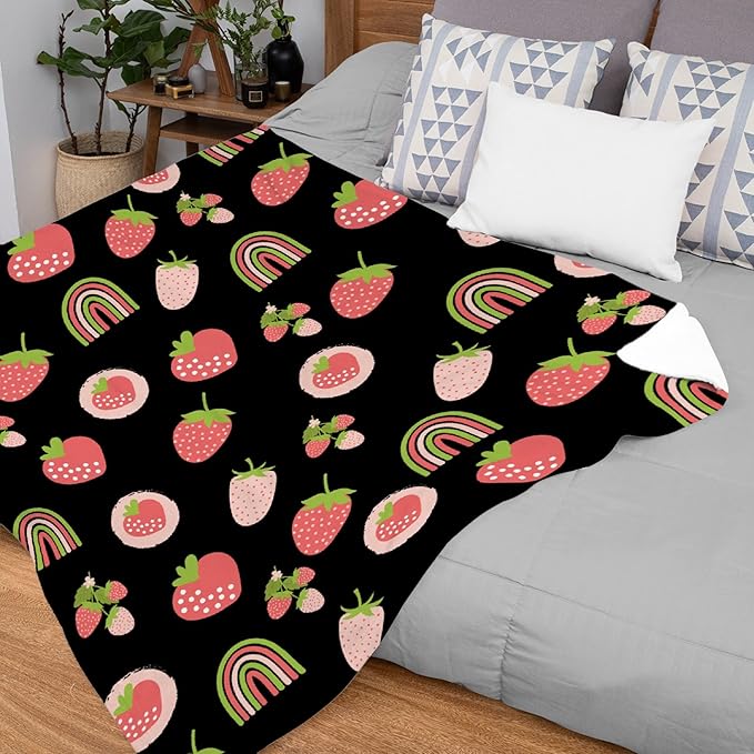 Thuswarm Cute Pink Strawberry Rainbow Flannel Throw Blanket Warm Cozy Soft Funny Print Blankets for Bed Couch Sofa Room Decoration Gifts 80"×60" Large for Adult
