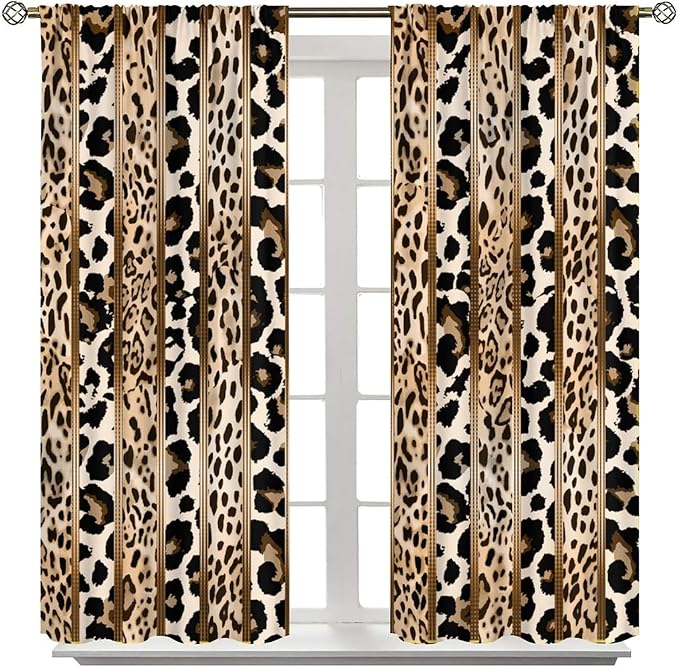 Leopard Curtains, Cheetah Wild Animal Geometric Stripe Wildlife Theme Window Drapes for Bedroom Living Room 42" W X 54" L