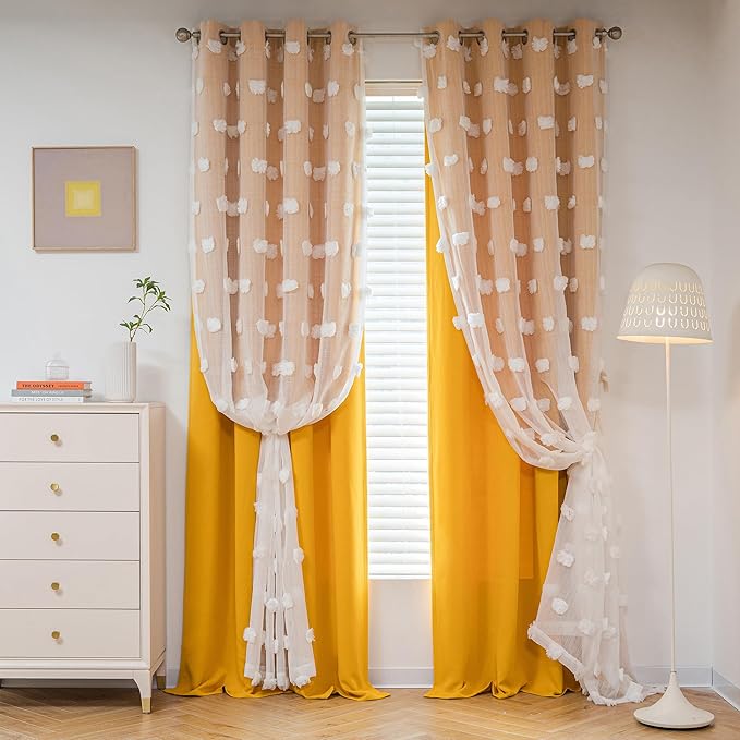 MYSKY HOME Nursery Curtains Yellow Double Layer Curtains for Bedroom 63 Inch Long Curtains for Kids Room Kithen White Pom Pom Sheer Grommet Room Darkening Window Curtains 2 Panels Set, 52 x 63 Inch