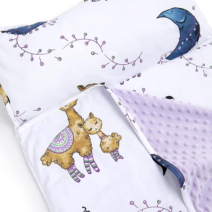 JumpOff Jo Nap Mat for Kids - Cozy Kids Rest Mat with Removable Pillow and Ultra Soft Blanket for Preschool, Daycare, and Sleepovers - Llama & Mama