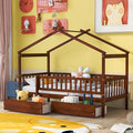Merax Twin Size Wooden House Bed with Two Drawers, Wood Bed Frame with Roof and Safety Guardrail for Kids, Teens, Boys or Girls, Walnut