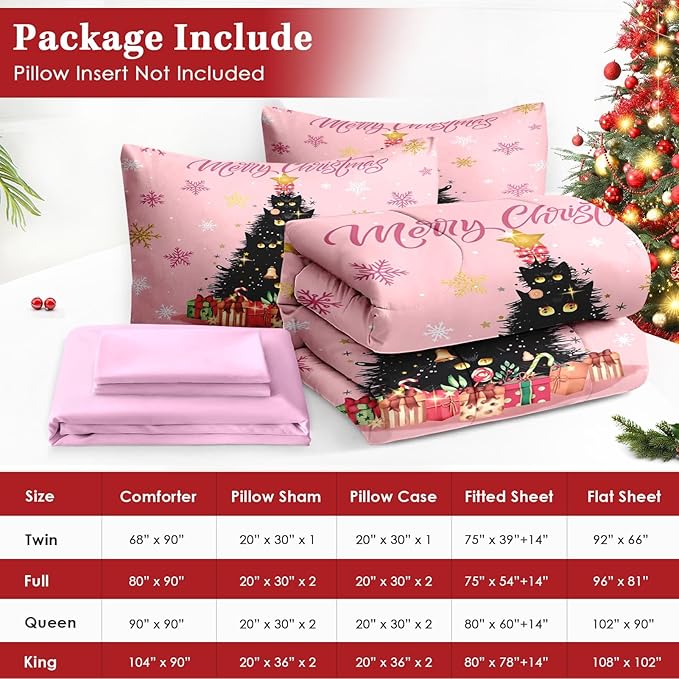 7 Pcs Full Size Christmas Comforter Set with 2 Pillowcases & 2 Shams, Black Cat Xmas Trees Bedding for Kids and Adults, Pink Snowflakes Bed in a Bag with Flat Fitted Sheet