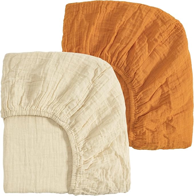 david's kids Muslin Mini Crib Sheets, 2 Pack Cotton Pack N Play Sheets for Boys Girls Neutral, Soft Breathable Baby Sheets Fit Pack N Play, Playard and Mini Crib Mattresses, Beige & Ginger