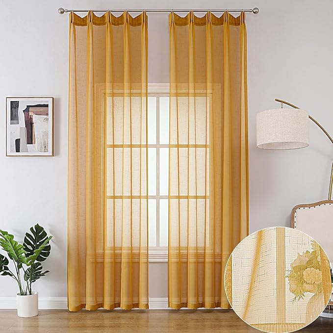 Mustard Gold Sheer Curtains 84 Inches Long 2 Panels, Textured Linen Look See Through Drapes, Vintage Yellow Light Filtering Window Sheers, Pinch Pleat Sliding Glass Door Curtain