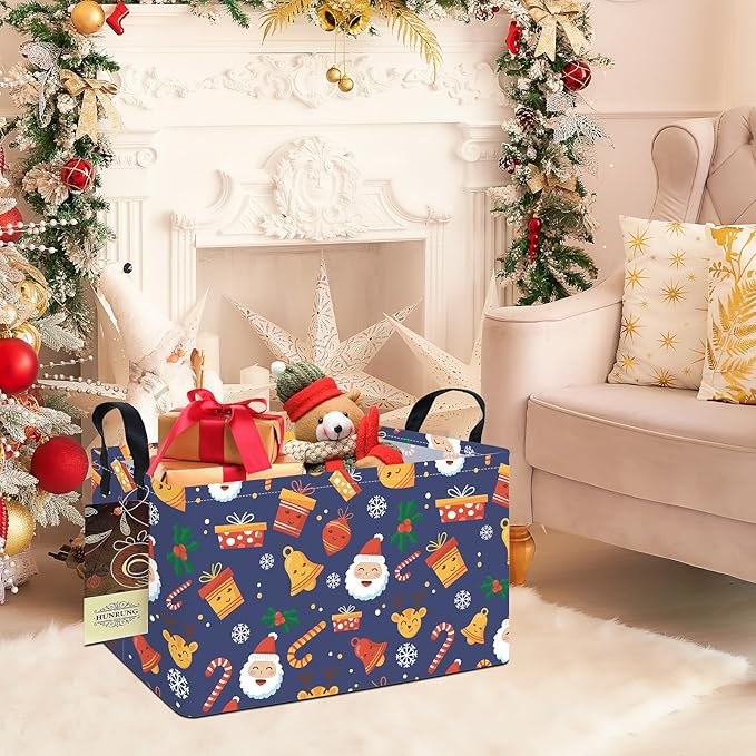 HUNRUNG Rectangle Storage Basket Cute Canvas Organizer Bin for Pet/Children Toys, Books, Clothes Perfect for Rooms/Playroom(REC-Blue Christmas Bell)