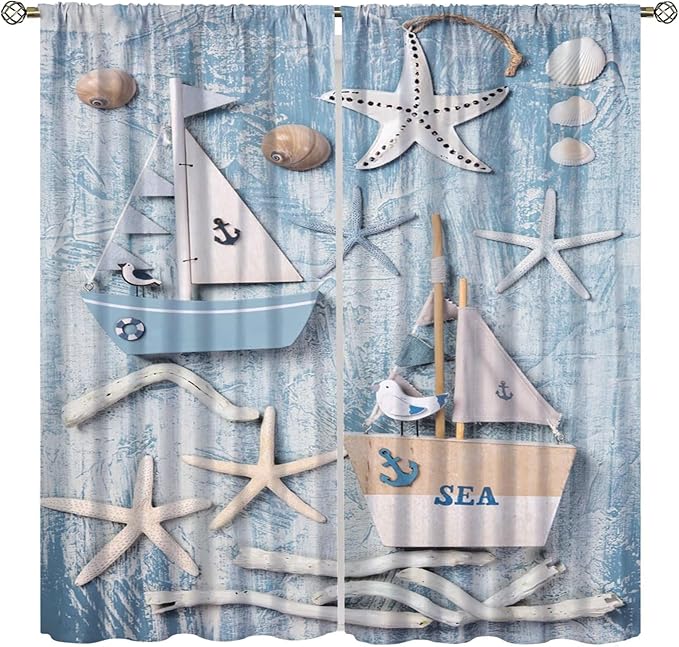 Nautical Curtain,Navy Anchor Sailing Map Starfish Seashells Bedroom Curtain,Waterproof Washable Fabric for Bedroom Decor Set 2 Panels,84x84 Inches