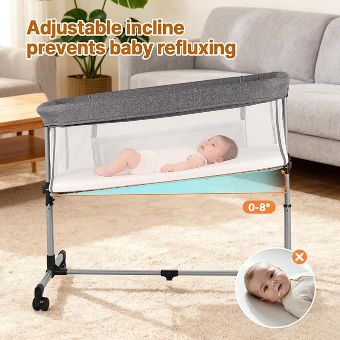 Bassinet Bedside Sleeper with Wheels, 5 Height Adjustable Baby Crib, 2-in-1 Baby Bedside Bassinet, Breathable Full Mesh & Mattress, Stable and Secure Bed for Newborn Infant