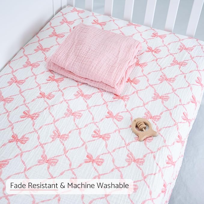 LollyBanks Muslin Crib Sheets 2 Pack, Soft and Breathable 100% Cotton Crib Fitted Sheets for Girls, Cozy and Snug Baby Sheet for Standard 52"x28" Mattress, Registry (Pink Bow and Solid Pink)