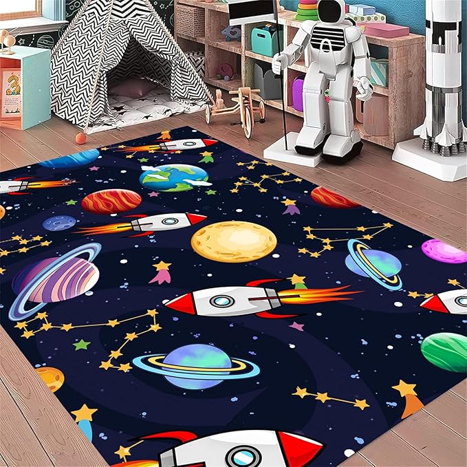 Outer Space Themed Rug,3x4ft,with Cartoon Planets,Stars and Rocket Design Rugs, Suitable for Playroom Bedroom Printed Rug, Non-Slip Machine Washable Carpet, Children's Room Decor
