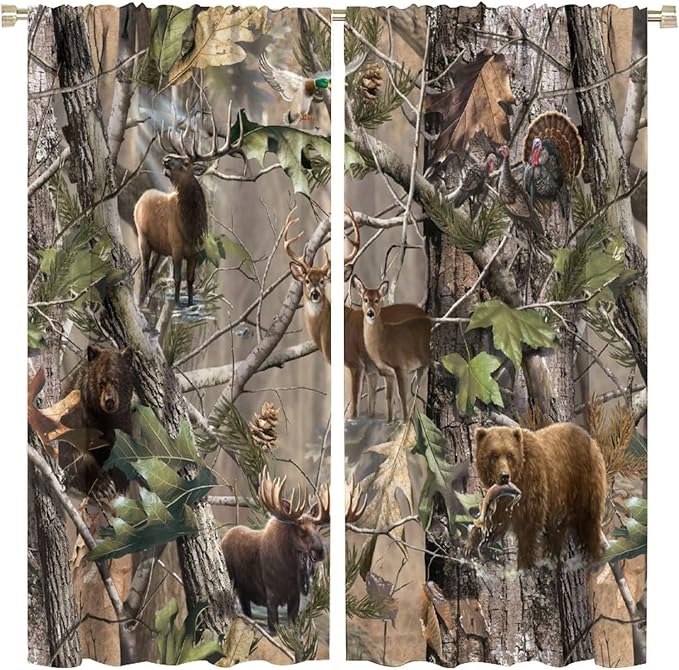 Retro Forest Window Curtains, Camouflage Hunting Tree Camo Rustic Deer Elk Bird Bear Blackout Rod Pocket Windows Door Curtain for Bedroom Living Room Home Decor 63x63in