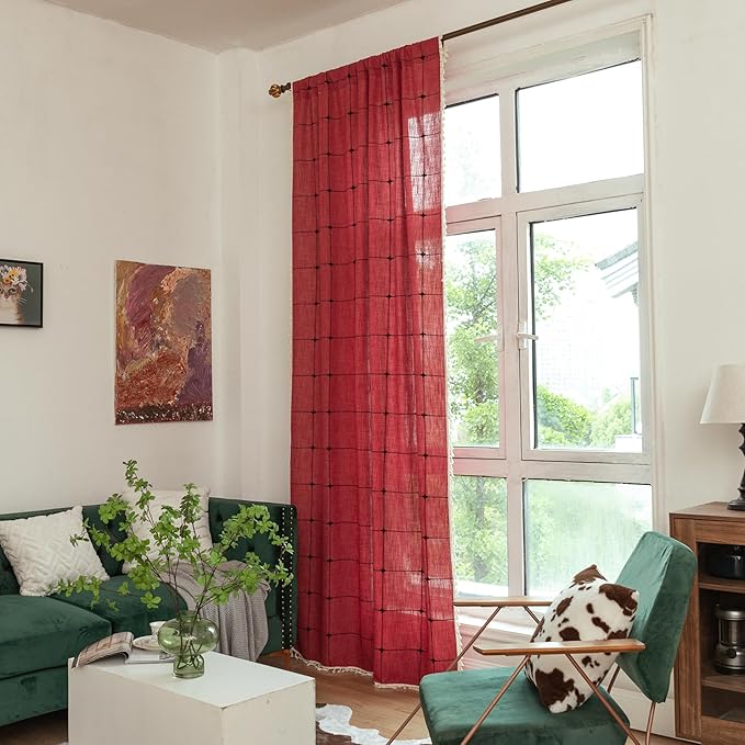 Deeprove Red Boho Curtains for Bedroom 63 Inches Long, Burgundy Checkered Bohemian Chic Textured Embroidery Plaids, Vintage Handmade Tassels Country Xmas Christmas Decor Drapery, 1 Panel W52 x L63