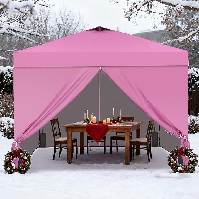 GDY 10x10 Pop Up Canopy Tent with 4 Sidewalls, Easy Set up with One Push Lift Outdoor Silver Coated Beach Gazebos, Carpas with 4 Sandbags, for Pool, Events, Parties, and Camping, Pink.