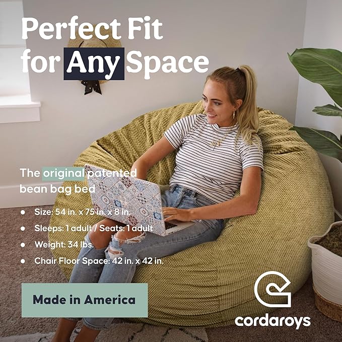 CordaRoy's Chenille Bean Bag-Convertible Bean Bag Chair-Machine-Washable Chenille Fabric Cover-for Basement,Living Room,Game Room,Dorm & More - Full Size - Tan | Made in The USA