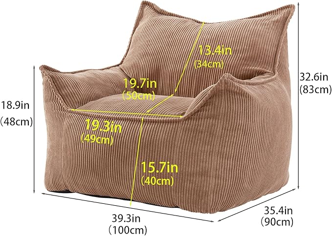 Giant Bean Bag Chair Sofa for Adults Teens, Comfy Corduroy Large Bean Bag Chairs with Armrests for Bedroom Living Room, Adult BeanBag Lazy Sofa Couch Chairs with Filler Included