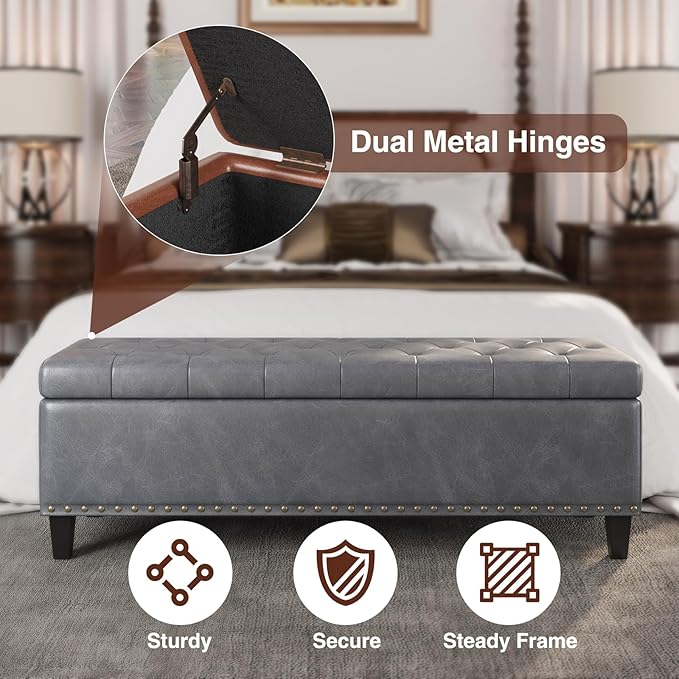 Large Storage Bench, 51-Inch Ottoman for Bedroom End of Bed, 30 Gallons Faux Leather Bench for Bedroom, Living Room, Entryway, Hallway, Grey