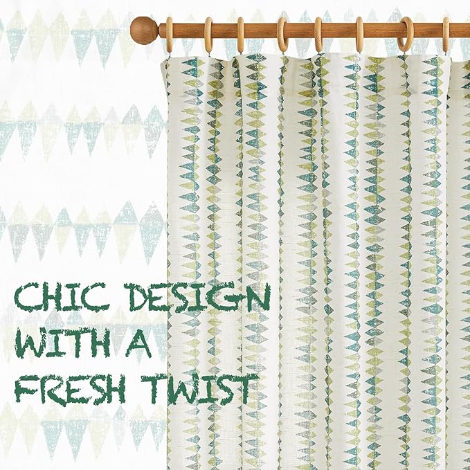 jinchan Linen Nursery Curtains for Living Room Boho Curtains for Bedroom Kids Room 96 Inches Long Geometric Printed Farmhouse Drapes Rod Pocket Window Treatment Curtain Set of 2 Panels Green