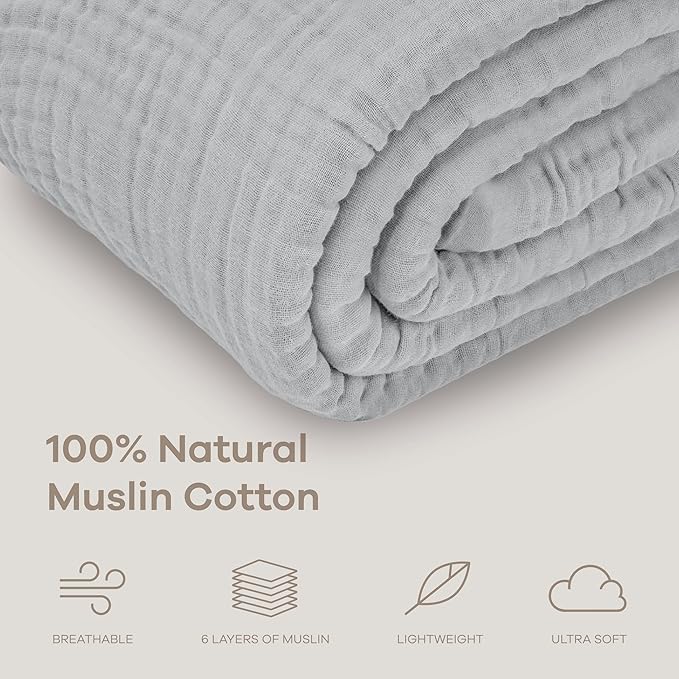 Comfy Cubs Muslin Blanket for Adults Twin 90" x 66" - 6 Layer Soft, Breathable & Lightweight Muslin Adult Blanket - Machine Washable & Designed in The US Bedding for All Seasons - Heather Blue