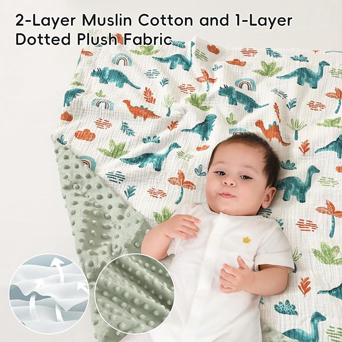 david's kids Muslin Minky Baby Blanket for Boys Girls with Muslin Cotton Front and Dotted Fleece Backing, Breathable and Soft Lightweight Receiving Blanket for Newborns, 30x40 Inches, Dinosaur