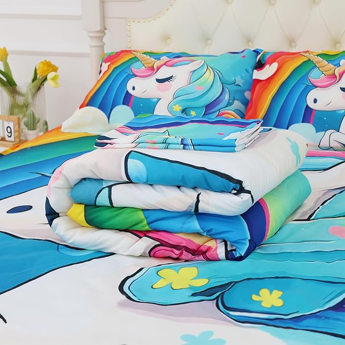 Rainbow Unicorn Comforter Set Queen Size for Girls Kids Children Teens Boys Cartoon Unicorn Bedding Light Blue Quilt 1 Comforter + 2 Pillowcases