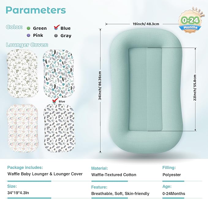 Baby Lounger for Newborn - Infant Lounger 0-24 Months with Lounger Cover, Cooling Baby Nest Lounger, Breathable Waffle Fabric & 3D Support, Portable Newborn Essentials, Blue
