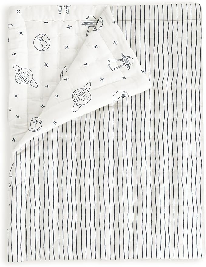 MakeMake Organics Organic Baby Blanket GOTS Certified Organic Comforter Cotton Infill Tufted - Reversible Ultra Soft Breathable (30"x40", Astronaut + Navy Stripes)
