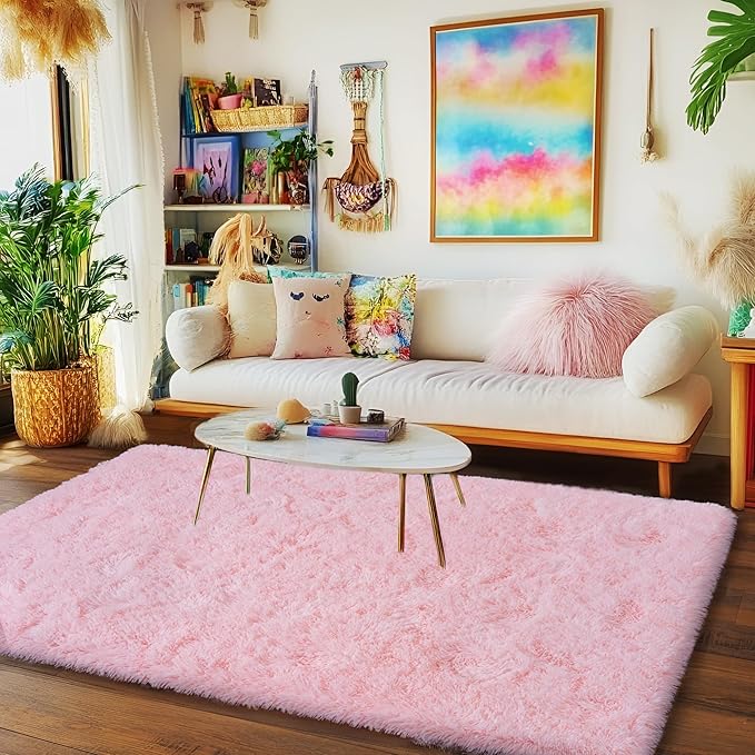 Pink Rug for Living Room, 8x10 Area Rug for Cute Girls Room, Bedside Indoor Floor Fluffy Shag Carpet, Plush Soft Rug for Bedroom Nursery Dorm Home Decor