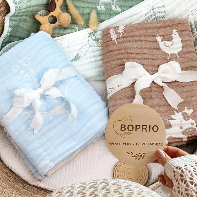 BOPRIO Ultra Soft Muslin Baby Blanket 6 Layers Neutral Swaddles Bed Blankets with Lovey Animal Design for Newborn Babies Kids Toddlers 43 x 43 Inch (Brown Woodland)