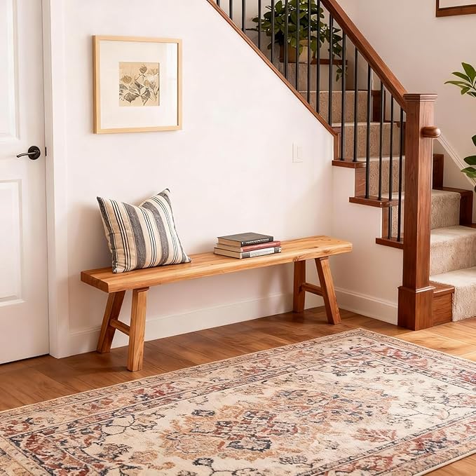 Wooden Entryway Bench Farmhouse for Bedroom End of Bed Vintage Artisan Live Edge Ustic Interior Decor Accent Mudroom,Bedside,Dinette Table,Noodle Narrow Bench (78.7" W x 17.7" H x 10" D)