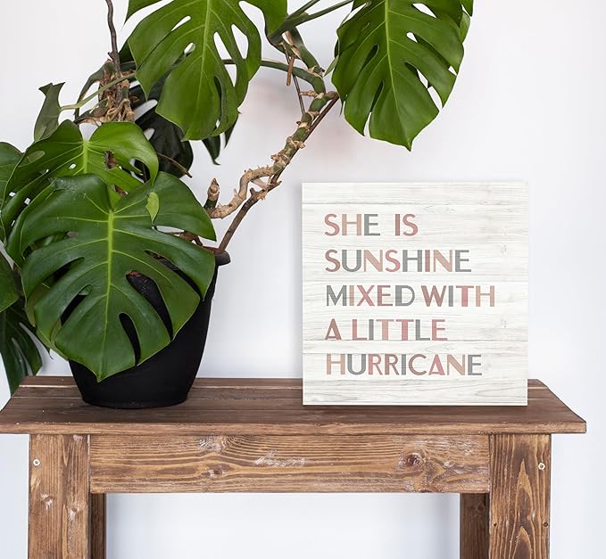 SRADMO She Is Sunshine Mixed with a Little Hurricane Boho Wood Box Sign Desk Decor 8x8, Baby Girls Inspirational Quotes Wooden Block Box Sign Decoration For Girls Room Nursery Playroom Table Decor