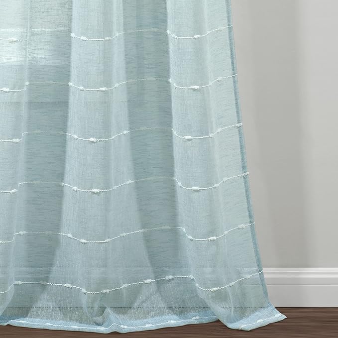 Lush Decor Farmhouse Textured Grommet Sheer Window Curtain Panel Pair, 38"W x 84"L, Blue