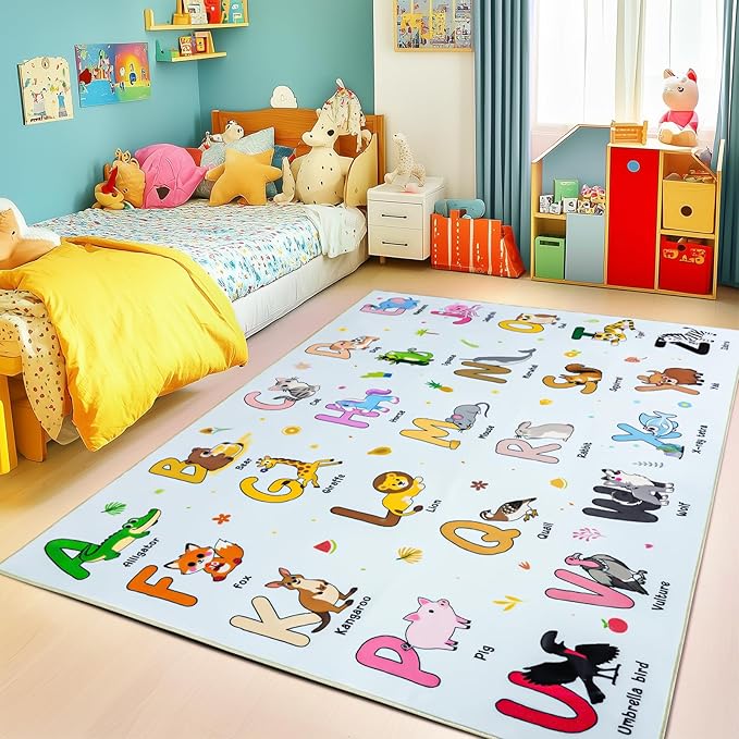 Kids Rugs for Playroom, 4x5 Feet Educational Rug for Learn The ABC Alphabet, Soft Machine Washable Non-Slip Cute Cartoon Animals Carpet for Classroom Toddler Nursery Kids Room Decor, Blue