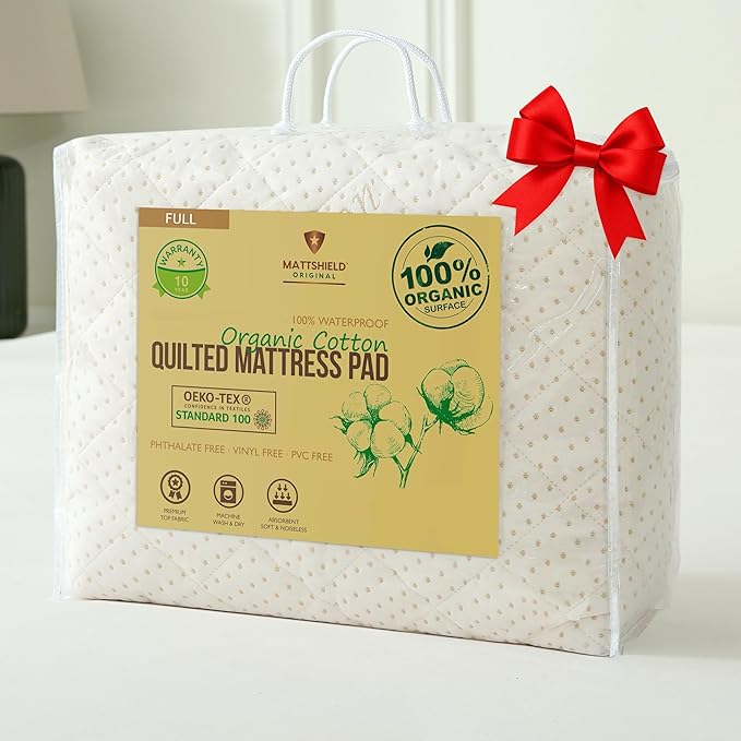 Luxury Quilted Organic Cotton Mattress Protector Full - 380 GSM Waterproof & Breathable Pad - Deep Pocket Fitted Cover - Soft & Silent Protection (Cotton Filling)
