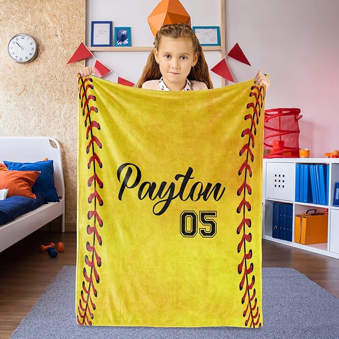 Personalized Softball Kids Blanket with Naumber and Name - Custom Sport Bed Blankets Gift for 0-3 Months Baby Essential - Super Warm and Comfortable 50x60inch
