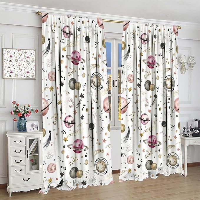 Kids Outer Space Curtains, Cartoon Galaxy Planet Universe Starry Starts Printed Window Drapes for Boys Girls Teens Bedroom Nursery 42" W X 63" L